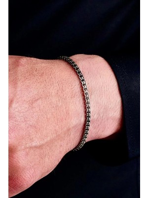 Ricco Jewellery 925 Ayar Gümüş Oksit Kaplama Kare Göz Erkek Bileklik • Made In Italy