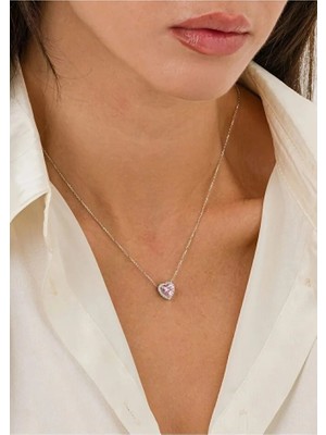 Ricco Jewellery 14 K White Gold Kaplama 925 Ayar Gümüş Pembe Kuvars Kalp Kolye - Işıklı Kutuda Gönderim