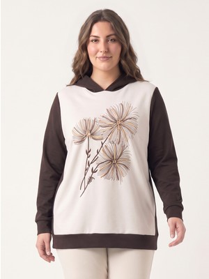Stori Kadın Büyük Beden Kapüşonlu Sweatshirt Kabartma Baskılı Çiçek Desenli Kahverengi
