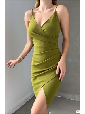 V Mini Askılı Elbise Abiye Yaka Yırtmaçlı