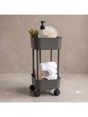 Store Çok Amaçlı 2 Katlı Dolap Içi Düzenleyici, Banyo Mutfak Organizer Raf (Tekerlekli Antrasit Gri)
