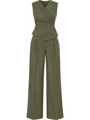 Laluvia Haki Donna Kruvaze Yaka Yelek Pantolon Takım - 3Y8496