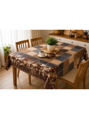 Store Desenli Masa Örtüsü, Çiçekli ve Kahve Temalı Modeller, Mutfak ve Yemek Masası Için, Farklı Desen Seçenekleri 140 * 140 cm (Mocha Tiles Vinil)