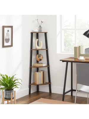 Store Köşe Rafı, Ayaklı Raf, Kitaplık, 4 Raflı Merdiven Rafı, Kolay Montaj, Sağlam Çelik Çerçeve, Oturma Odası, Yatak Odası, Balkon, Endüstriyel Tasarım, Eski Kahverengi-Siyah LLS34X