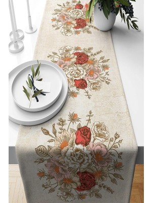 Store Pelangi Kırmızı Bej Güllü Çiçek Buketi Leke Tutmaz Kumaş Salon Mutfak Masa Değişik Ranır Modelleri Runner, Bej-Kırmızı-Pembe 40 x 140