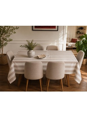 Store Leke Tutmaz Masa Örtüsü, Su Itici ve Silinebilir, Iç ve Dış Mekan, Yıkanabilir, Kırışmaz, Keten Görünümlü, Bej Çizgili, 150X300 cm (8-10 Kişilik)