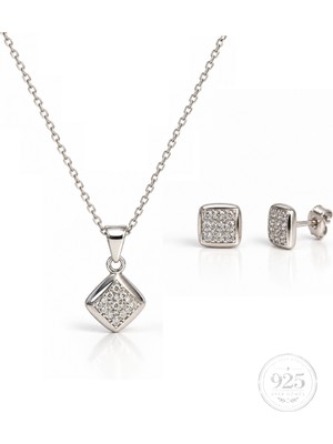 Servi 925 Ayar Gümüş Modern Kare Zirkon Taşlı Kolye ve Küpe Set