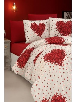 %80 Pamuklu Çift Kişilik Nevresim Takımı, Kırmızı Kalp Desen, 220X200 cm + Lastikli Battal Boy Çarşaf 180X200X30 cm + 2 Yastık Kılıfı 50X70 cm