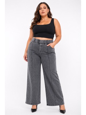 Zanessi Fashion Büyük Beden Denim Yüksek Bel Bol Paça Kadın Pantolon