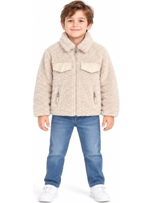 Mavi Boncukk Çocuk Unisex Peluş Welsoft Fermuarlı Kapüşonlu ve Dik Yaka Polar Mont Ceket