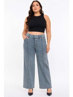 Zanessi Fashion Büyük Beden Denim Yüksek Bel Bol Paça Kadın Pantolon