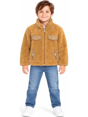 Mavi Boncukk Çocuk Unisex Peluş Welsoft Fermuarlı Kapüşonlu ve Dik Yaka Polar Mont Ceket