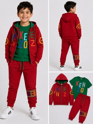 Mavi Boncukk Çocuk Kapüşonlu Fermuarlı 3'lü Eşofman Takımı Tişört Sweatshirt ve Eşofman