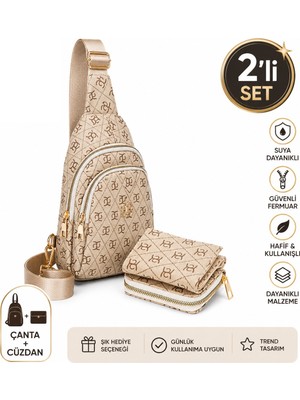 Newish Polo Kadın Bej Deri Monogram Desenli Çapraz Bel Göğüs ve Omuz Çantası NEWPOLO218
