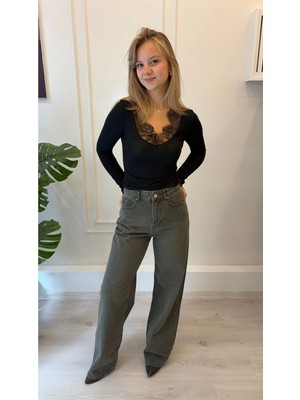 Shın Butik Kadın Haki Yüksek Bel Geniş Paça Jean Pantolon