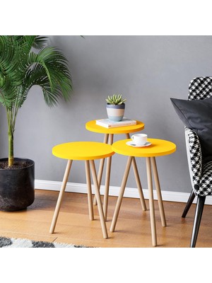 Store Üçlü Zigon Sehpa Ahşap Ayaklı Yuvarlak Tasarım (Sarı)