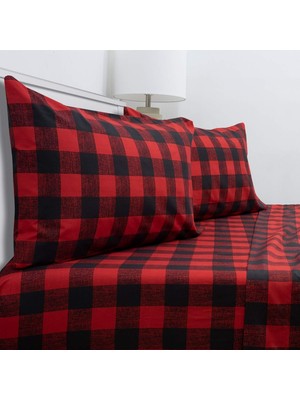 Store 1800 Iplik Sayısı Yumuşak Mısır Kalitesi Fırçalı Mikrofiber Hipoalerjenik Lüks Yatak Seti, Düz, Lastikli Çarşaf, 2 Yastık Kılıfı, Tam Bufalo Kareli Bordo