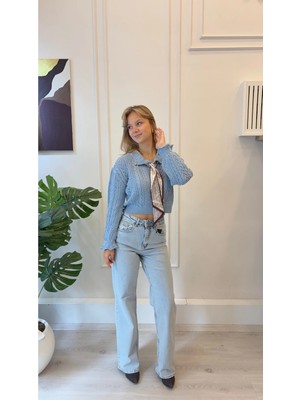Shın Butik Shın Kadın Mavi Ajurlu Yakalı Crop Triko