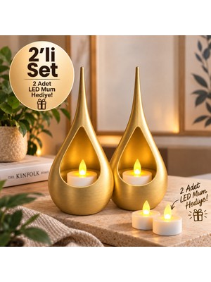 Piyatech 2’li Dekoratif Mumluk Seti – Modern Teardrop Tasarım, 2 Adet LED Mum Hediyeli, Şık Ev Dekorasyonu - Pembe