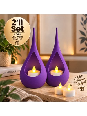 Piyatech 2’li Dekoratif Mumluk Seti – Modern Teardrop Tasarım, 2 Adet LED Mum Hediyeli, Şık Ev Dekorasyonu - Mor