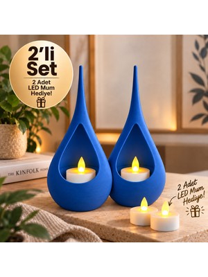 Piyatech 2’li Dekoratif Mumluk Seti – Modern Teardrop Tasarım, 2 Adet LED Mum Hediyeli, Şık Ev Dekorasyonu - Mavi
