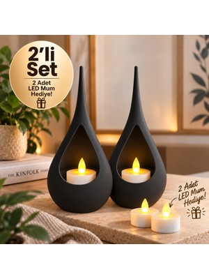 Piyatech 2’li Dekoratif Mumluk Seti – Modern Teardrop Tasarım, 2 Adet LED Mum Hediyeli, Şık Ev Dekorasyonu - Siyah