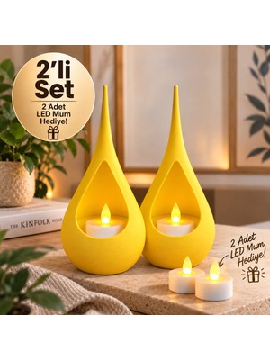 Piyatech 2’li Dekoratif Mumluk Seti – Modern Teardrop Tasarım, 2 Adet LED Mum Hediyeli, Şık Ev Dekorasyonu - Sarı