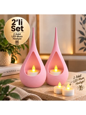 Piyatech 2’li Dekoratif Mumluk Seti – Modern Teardrop Tasarım, 2 Adet LED Mum Hediyeli, Şık Ev Dekorasyonu - Pembe