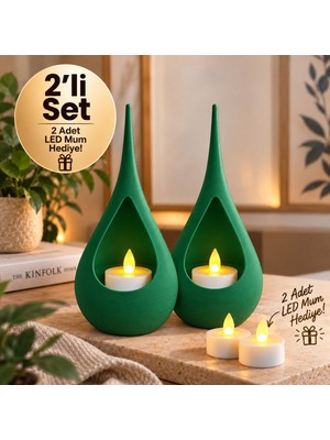 Piyatech 2’li Dekoratif Mumluk Seti – Modern Teardrop Tasarım, 2 Adet LED Mum Hediyeli, Şık Ev Dekorasyonu - Yeşil