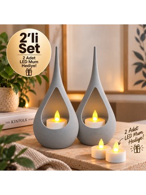 Piyatech 2’li Dekoratif Mumluk Seti – Modern Teardrop Tasarım, 2 Adet LED Mum Hediyeli, Şık Ev Dekorasyonu - Gri
