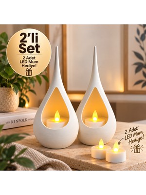 Piyatech 2’li Dekoratif Mumluk Seti – Modern Teardrop Tasarım, 2 Adet LED Mum Hediyeli, Şık Ev Dekorasyonu - Beyaz