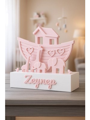 Umikolab Kişiye Özel Isme Yazılı Pembe Ahşap Görünümlü Nuh’un Gemisi Bebek Odası Dekoru, Zeynep Model