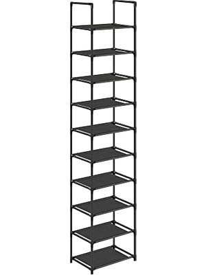 10 Katlı Metal Çerçeveli Ayakkabı Rafı, Dokuma Olmayan Kumaş Raflar, 33 x 33 x 173 Cm, Siyah LSR110B02