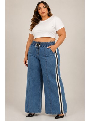 Zanessi Fashion Büyük Beden Denim Spor Şerit Detaylı Bol Paça Kadın Pantolon