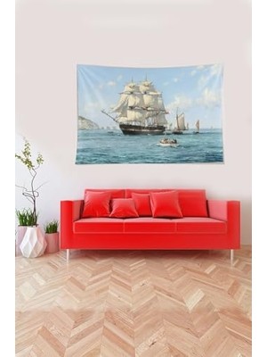 Mavi Yelkenli Desenli Leke Tutmaz Kadife Kumaş Duvar Örtüsü Duvar Halısı Tapestry YWLL445,35 x 50