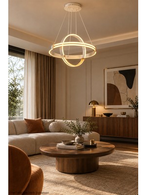 Modelight Deksa Meridyen Halka LED Sarkıt Avize - Beyaz Gold Modern Salon Avizesi