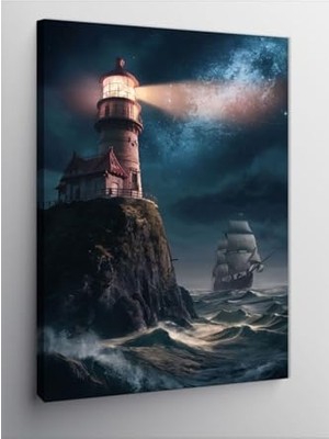 Kanvas Tablo Deniz Feneri ve Yelkenli Gemi 50 cm x 70 cm