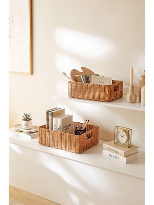 Ocean Home Textile 2'li Yıkanabilir Bej Pp Rattan Sepet Set 33 x 23 x 11 / 39 x 29 x 13 cm