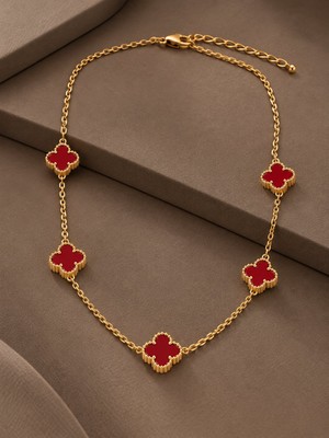 Serelya 316L Çelik Gold Renk Zincir Bordo Yonca Kadın Kolye