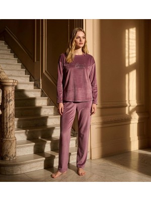 Pijamoni Kadın Yumuşak Kadife Bisiklet Yaka Pudra Pijama Takımı