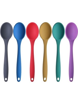Silikon Büyük Boy Kaşık Seti, Yanmaz Yapışmaz, Çok Renkli, Mavi, Sarı, Yeşil, Kırmızı, Antrasit, Mor, 27 Cm, 6 Adet Set, Bpa Free