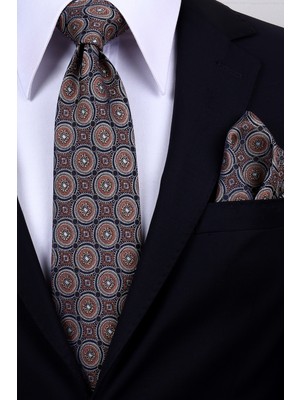 Esgue Hand Made 8 cm Yuvarlak Desen Kiremit Bej Renk Mendilli Kravat