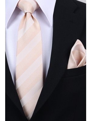 Esgue Hand Made 8 cm Çizgili Desen Şampanya Renk Mendilli Kravat