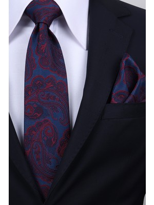 Esgue Hand Made 8 cm Büyük Şal Desen Bordo Mavi Renk Mendilli Kravat
