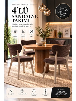 Koçak Home 4’lü Mutfak Sandalyesi ve Yemek Masası Sandalyesi, Koyu Kahve Kumaş, Cappuccino Metal Ayak