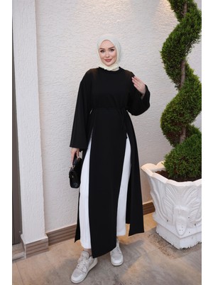 İmaj Butik Siyah Bel Bağlamalı Yırtmaçlı Uzun Tunik