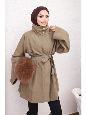 İmaj Butik Haki Dik Yaka Fermuarlı Bel Kuşaklı Trençkot