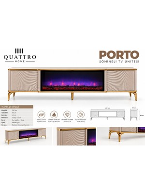 Quattro Home Porto Elektrikli Şömineli Tv Ünitesi 180 cm Kumsal Bej Gold Metal Ayaklı Modern Tv Sehpası