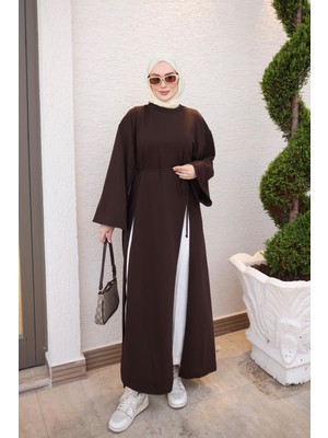 İmaj Butik Kahverengi Bel Bağlamalı Yırtmaçlı Uzun Tunik