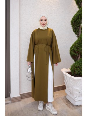 İmaj Butik Yağ Yeşili Bel Bağlamalı Yırtmaçlı Uzun Tunik